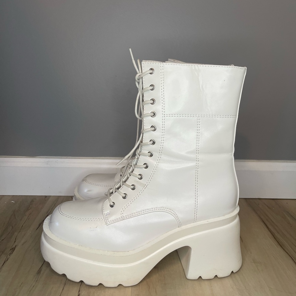 White Chunky Tall Shiny Laced Booties Combat Boots